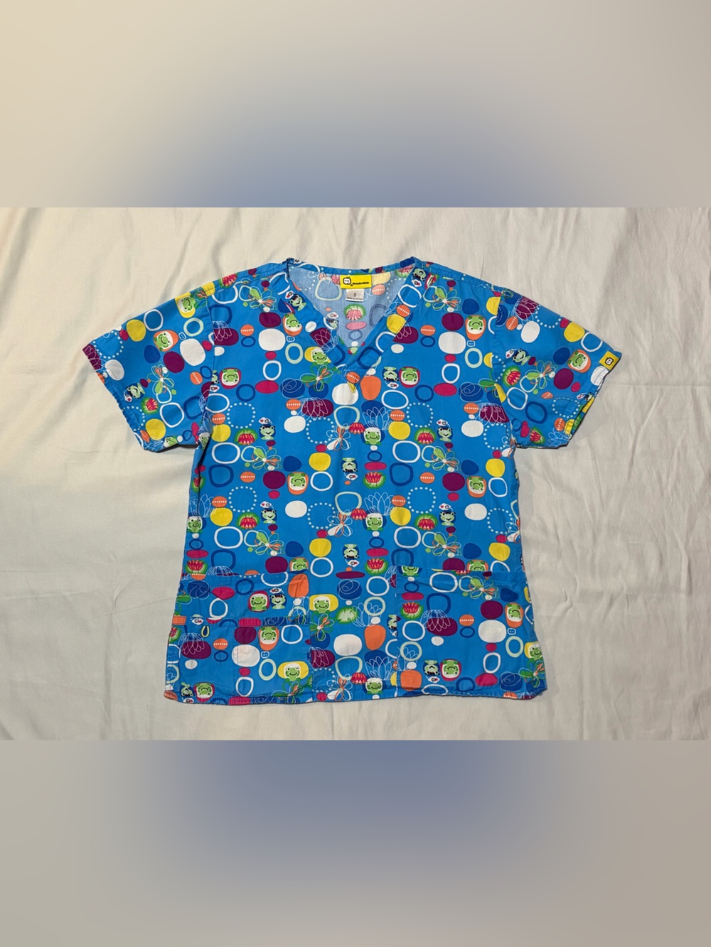 WonderWink 4 Pocket Blue Frog Colorful Print Medical Scrub Top Small 100% Cotton